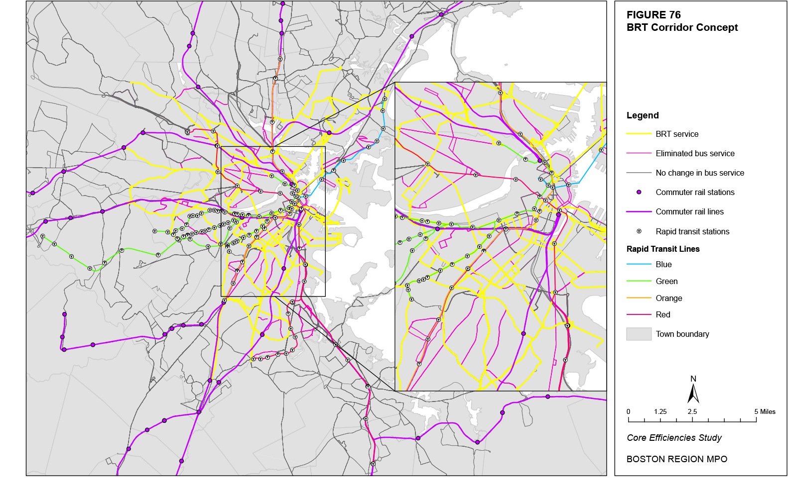 This map shows the MBTA bus, rapid transit, and commuter rail network with the proposed changes in the BRT corridor concept.
